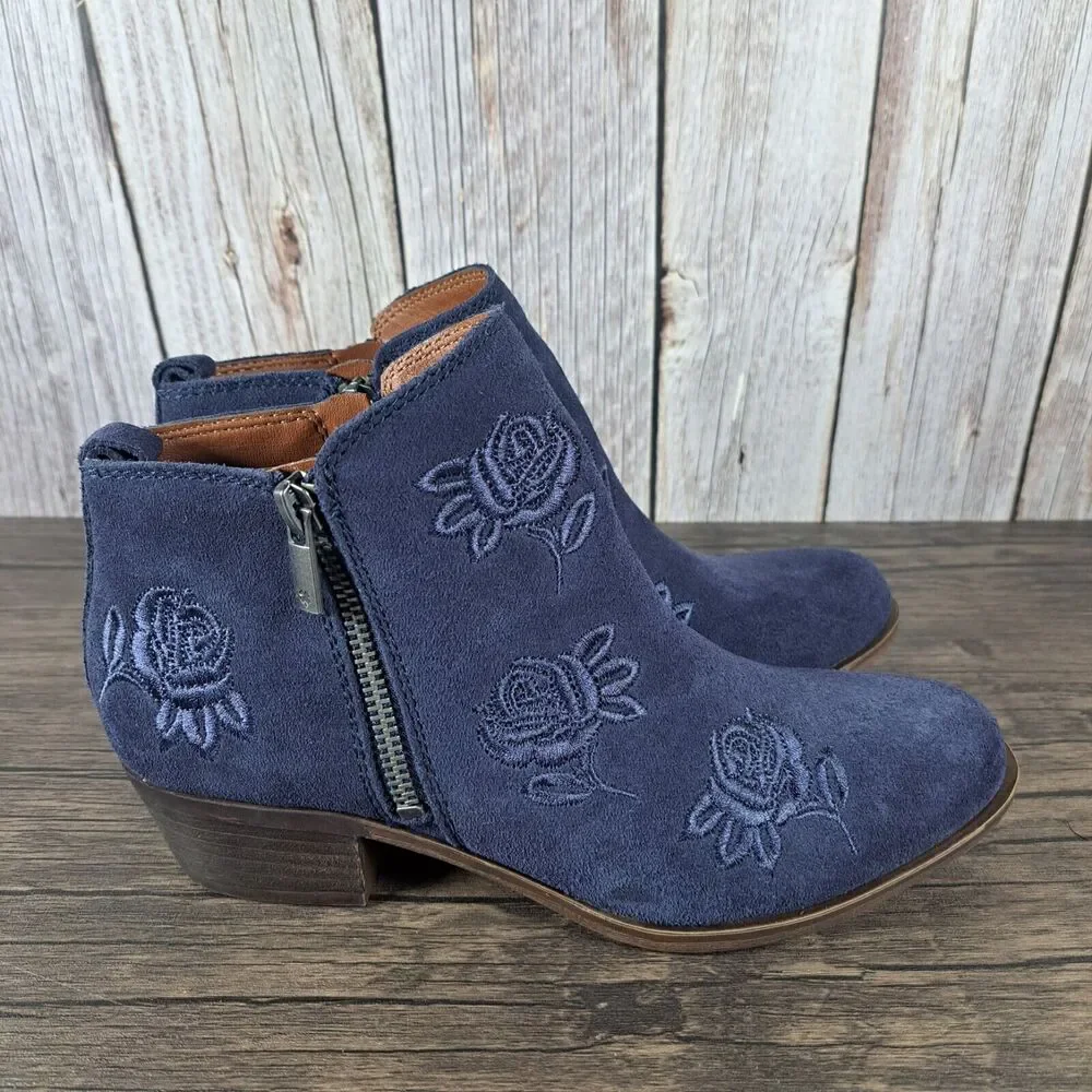 Lucky Brand Embroidered Basel Flowers Women's Sz 6.5 M Bootie Navy (VGC) - Picture 3 of 9